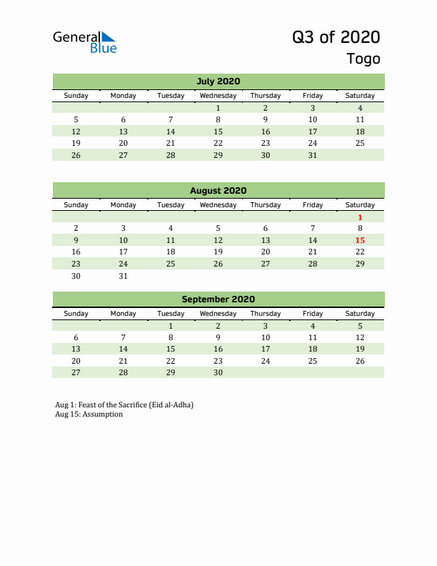 Quarterly Calendar 2020 with Togo Holidays