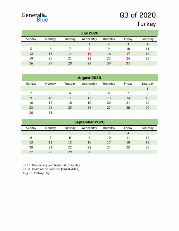 Quarterly Calendar 2020 with Turkey Holidays