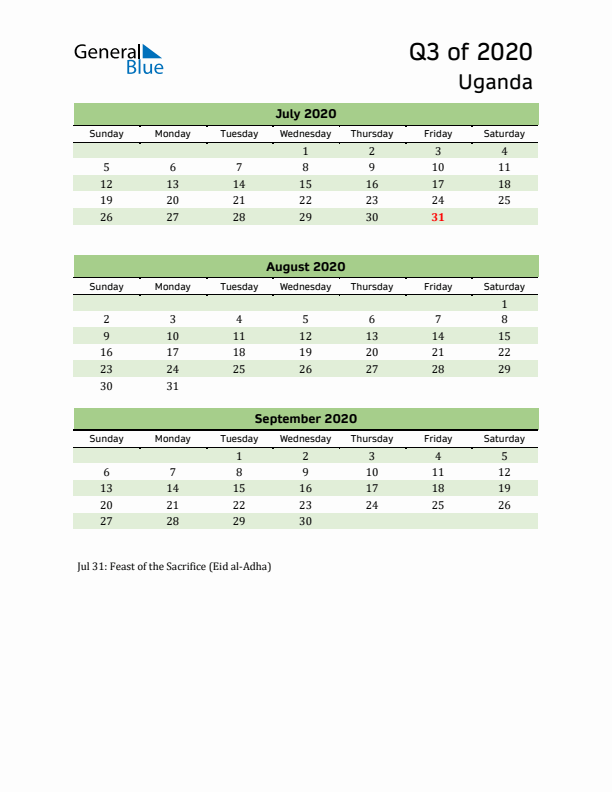 Quarterly Calendar 2020 with Uganda Holidays