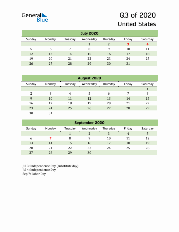 Quarterly Calendar 2020 with United States Holidays