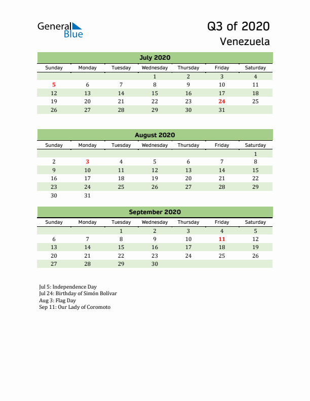 Quarterly Calendar 2020 with Venezuela Holidays