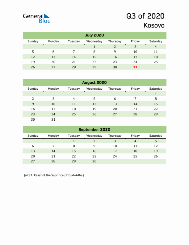 Quarterly Calendar 2020 with Kosovo Holidays