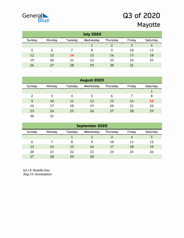 Quarterly Calendar 2020 with Mayotte Holidays