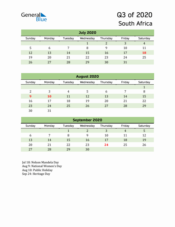 Quarterly Calendar 2020 with South Africa Holidays