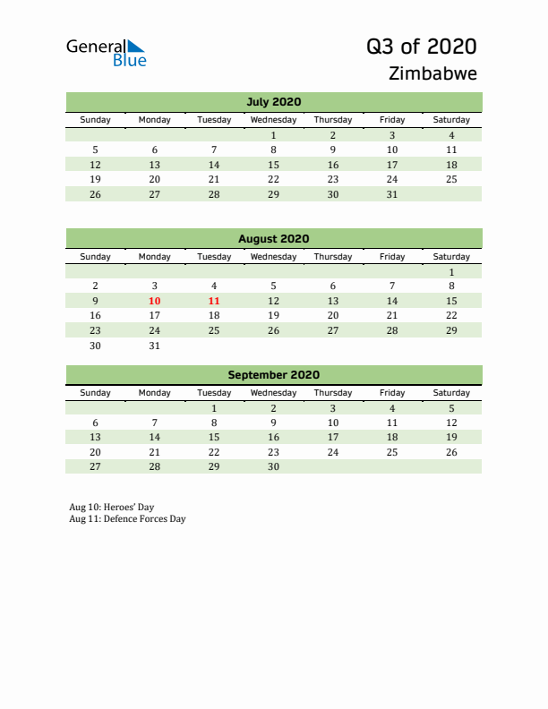 Quarterly Calendar 2020 with Zimbabwe Holidays