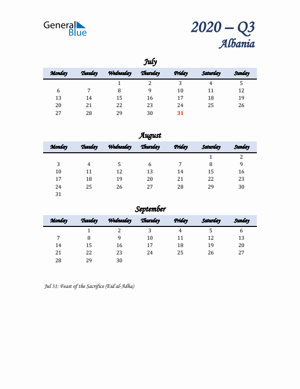 July, August, and September Calendar for Albania with Monday Start