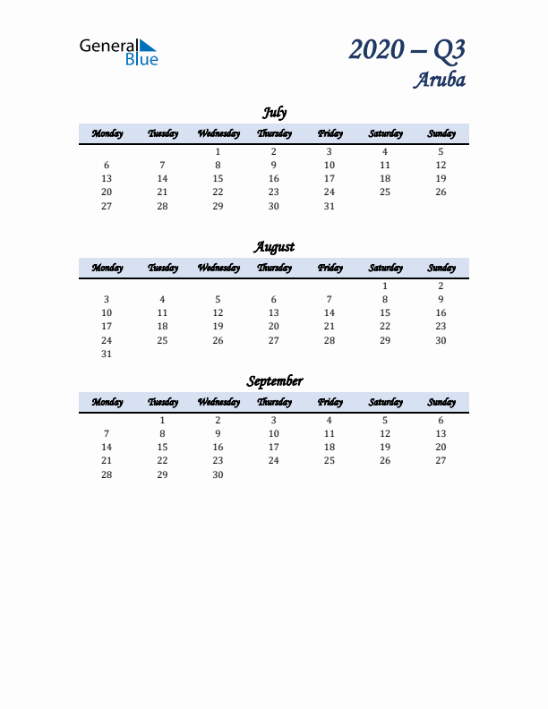 July, August, and September Calendar for Aruba with Monday Start