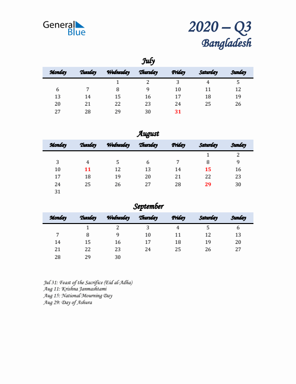 July, August, and September Calendar for Bangladesh with Monday Start