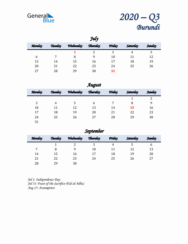 July, August, and September Calendar for Burundi with Monday Start