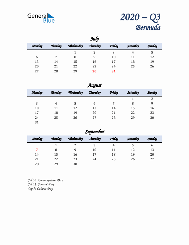 July, August, and September Calendar for Bermuda with Monday Start