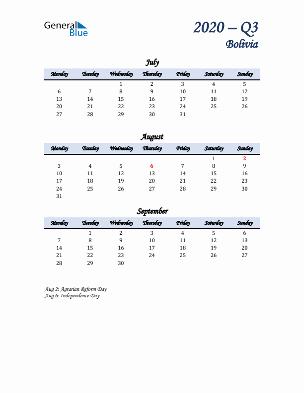 July, August, and September Calendar for Bolivia with Monday Start