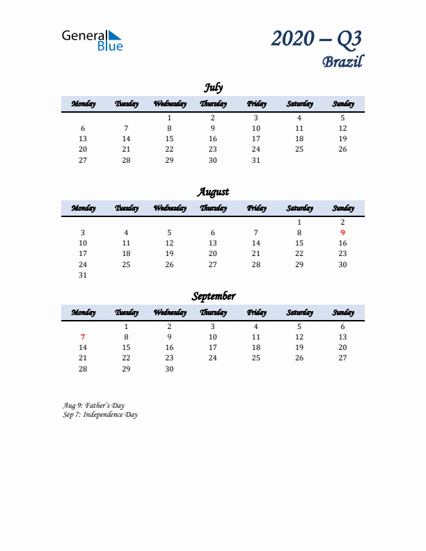 July, August, and September Calendar for Brazil with Monday Start