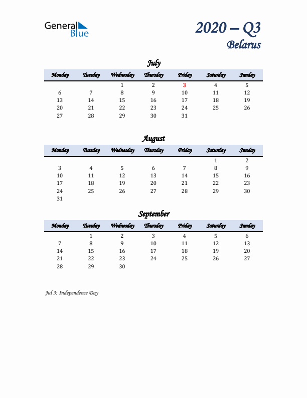 July, August, and September Calendar for Belarus with Monday Start