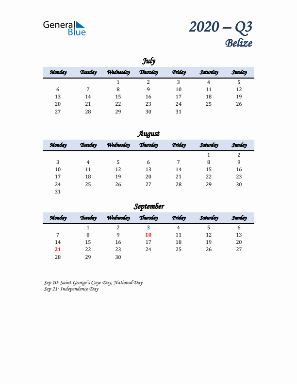 July, August, and September Calendar for Belize with Monday Start