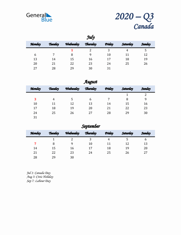 July, August, and September Calendar for Canada with Monday Start