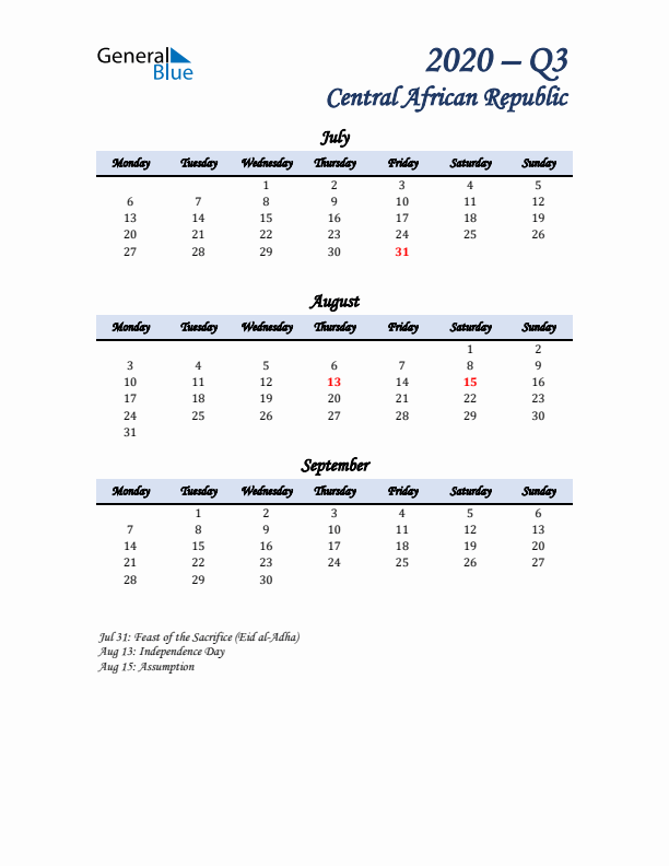 July, August, and September Calendar for Central African Republic with Monday Start