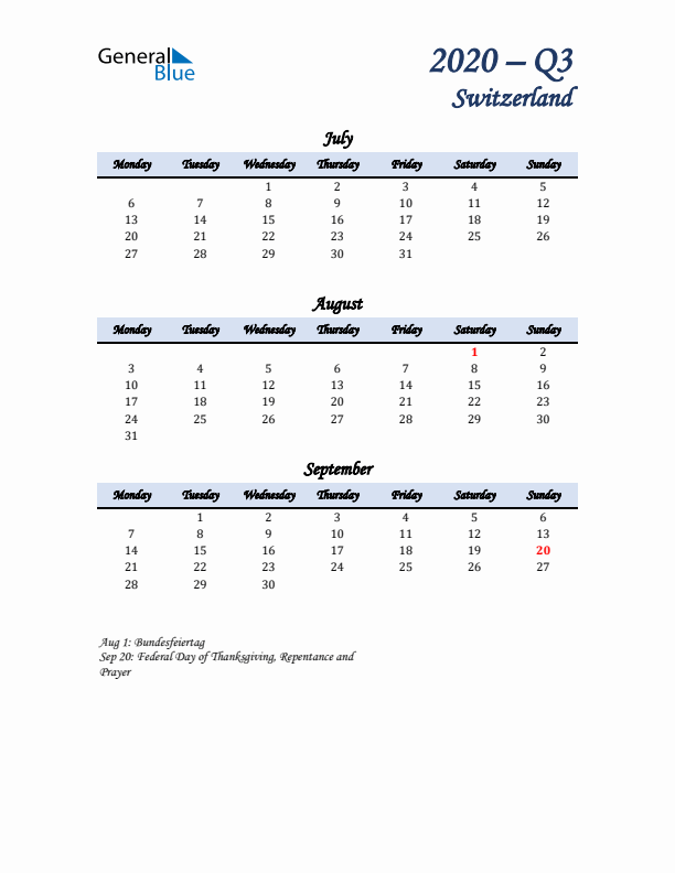 July, August, and September Calendar for Switzerland with Monday Start