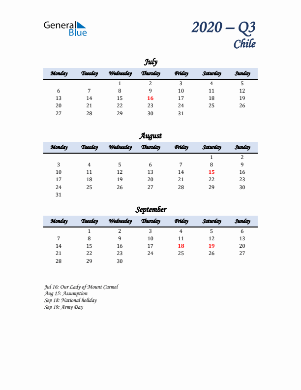 July, August, and September Calendar for Chile with Monday Start