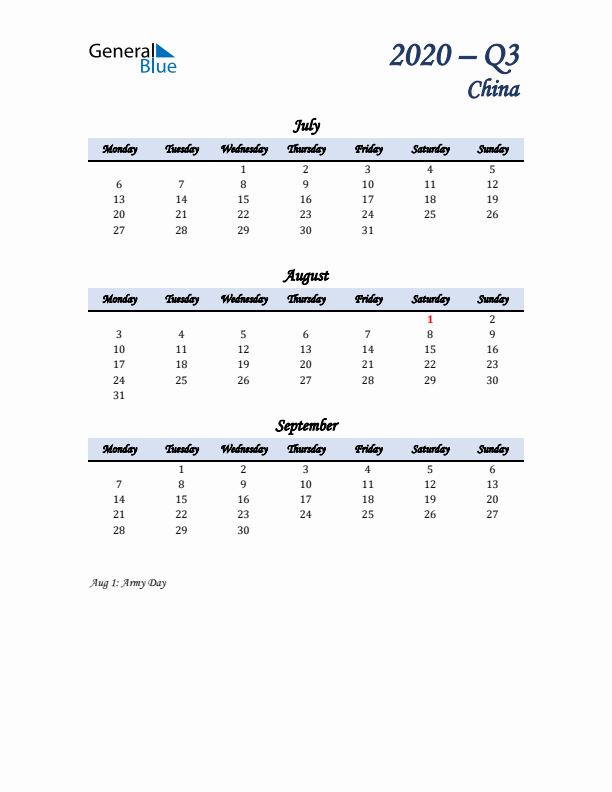 July, August, and September Calendar for China with Monday Start