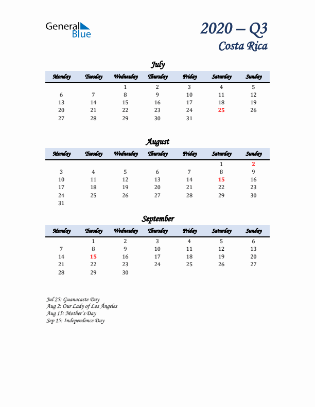 July, August, and September Calendar for Costa Rica with Monday Start