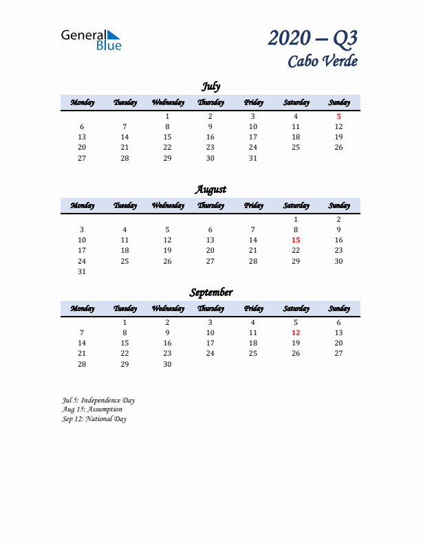 July, August, and September Calendar for Cabo Verde with Monday Start