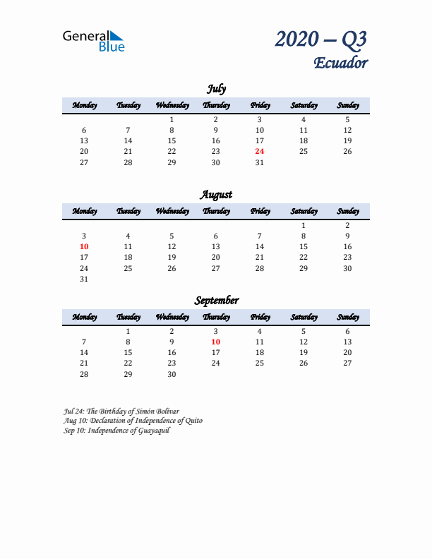 July, August, and September Calendar for Ecuador with Monday Start