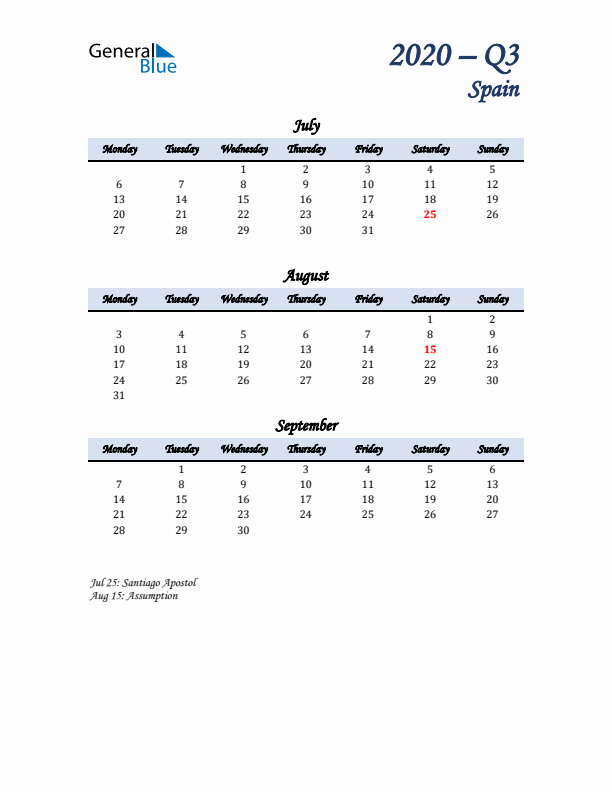 July, August, and September Calendar for Spain with Monday Start