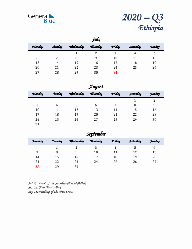 July, August, and September Calendar for Ethiopia with Monday Start