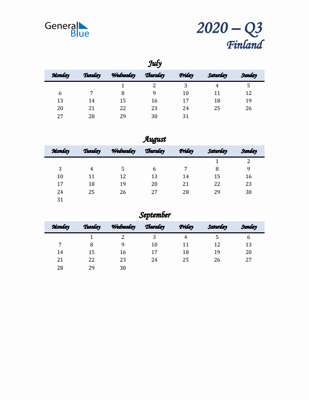 July, August, and September Calendar for Finland with Monday Start