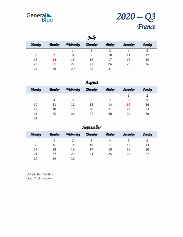 July, August, and September Calendar for France with Monday Start