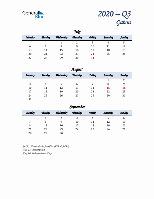 July, August, and September Calendar for Gabon with Monday Start