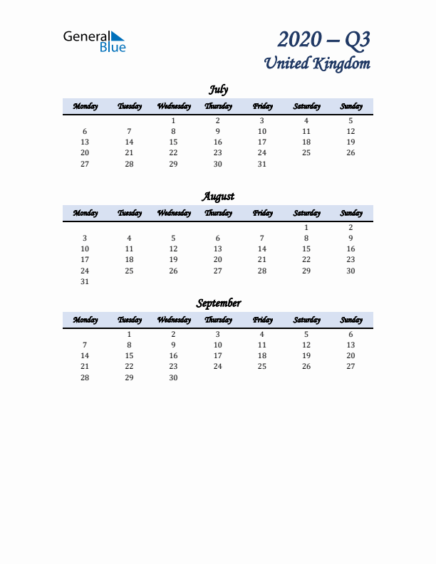 July, August, and September Calendar for United Kingdom with Monday Start