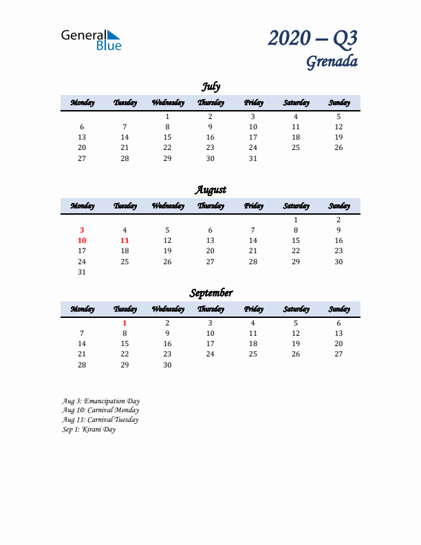 July, August, and September Calendar for Grenada with Monday Start