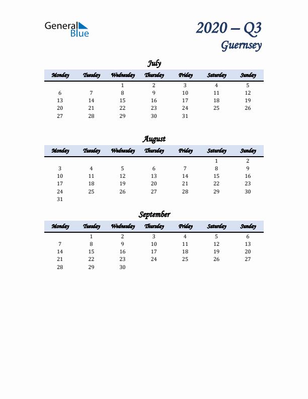 July, August, and September Calendar for Guernsey with Monday Start