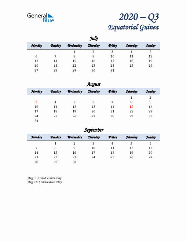 July, August, and September Calendar for Equatorial Guinea with Monday Start