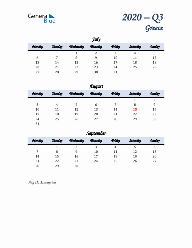 July, August, and September Calendar for Greece with Monday Start