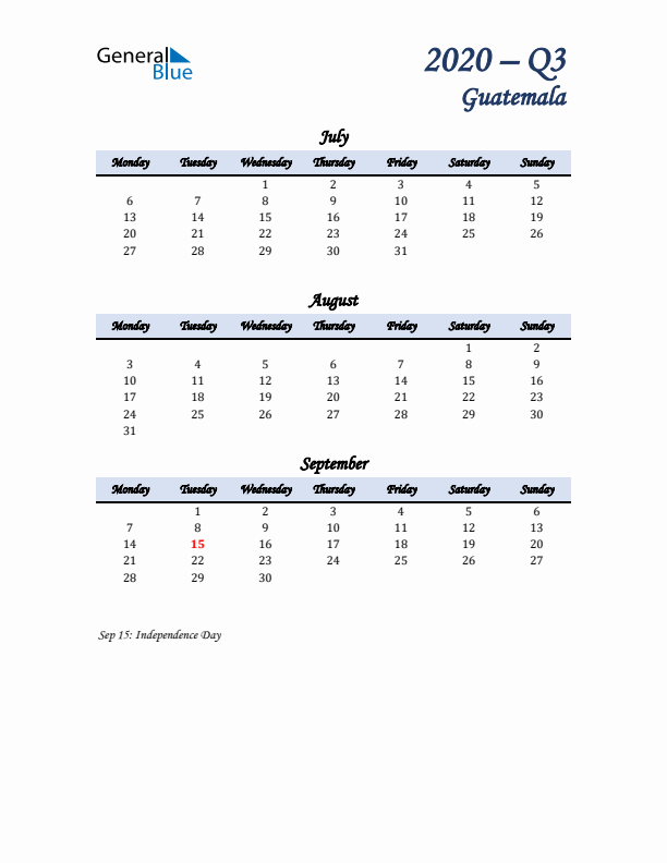 July, August, and September Calendar for Guatemala with Monday Start