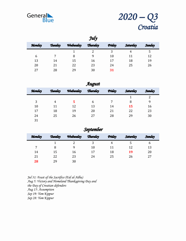 July, August, and September Calendar for Croatia with Monday Start