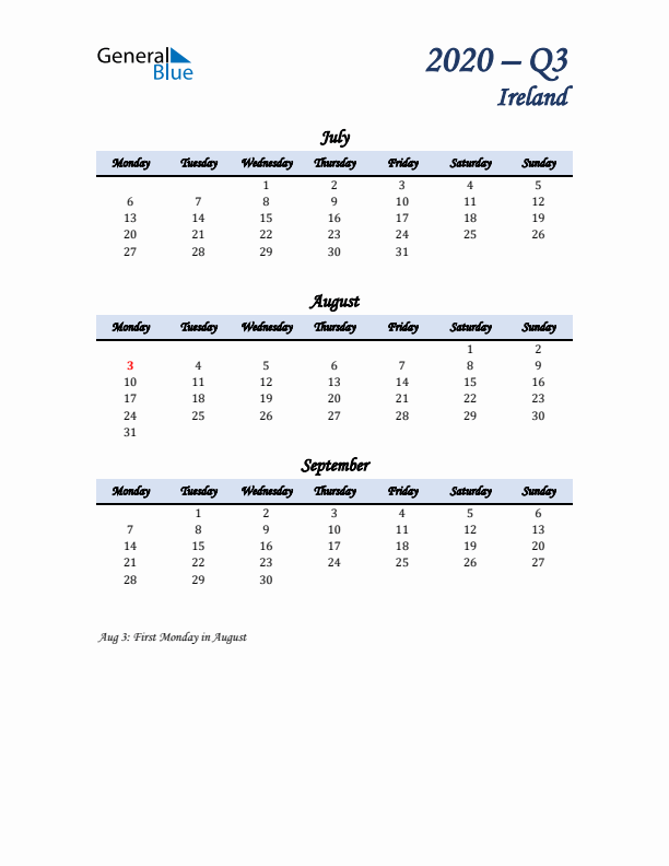 July, August, and September Calendar for Ireland with Monday Start