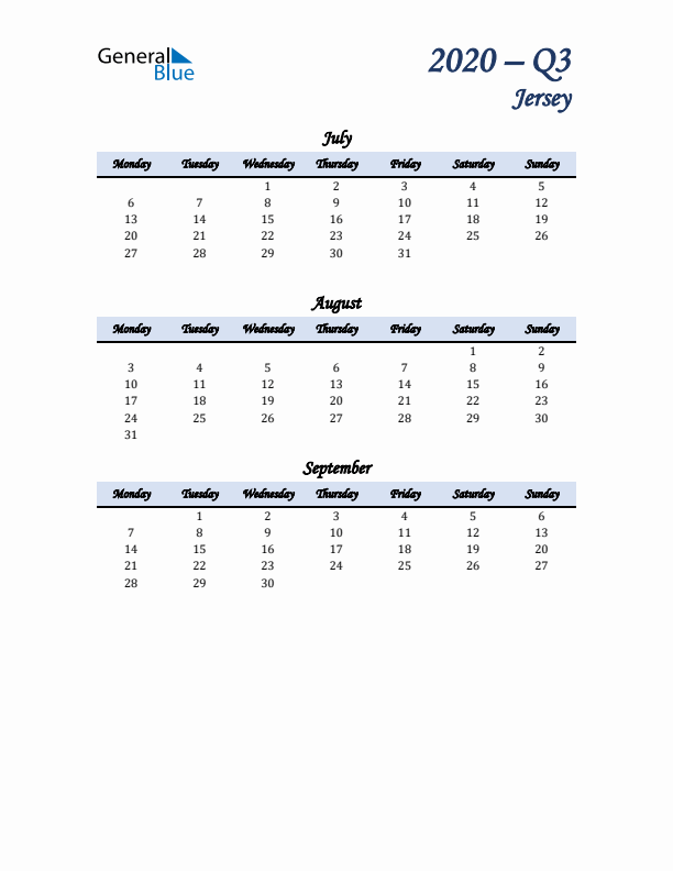 July, August, and September Calendar for Jersey with Monday Start