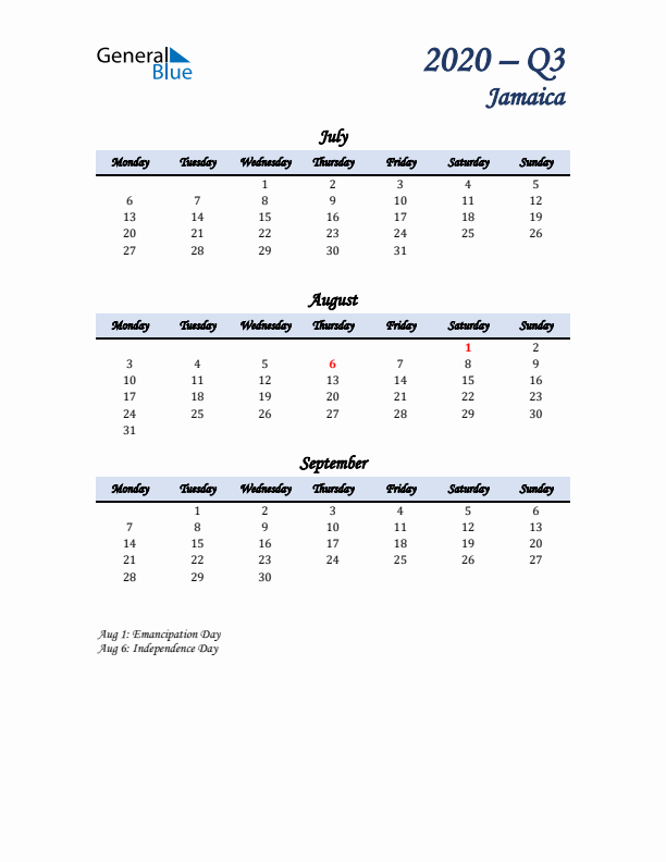 July, August, and September Calendar for Jamaica with Monday Start