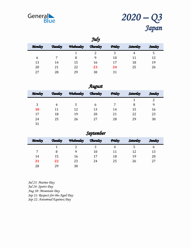 July, August, and September Calendar for Japan with Monday Start