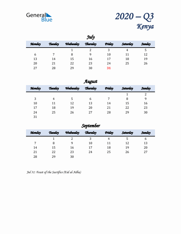 July, August, and September Calendar for Kenya with Monday Start