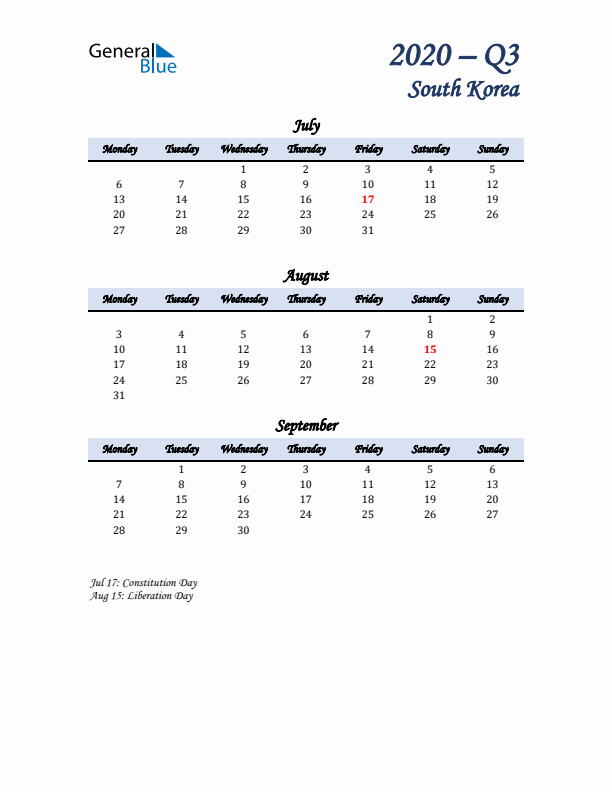 July, August, and September Calendar for South Korea with Monday Start