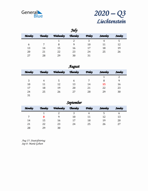 July, August, and September Calendar for Liechtenstein with Monday Start