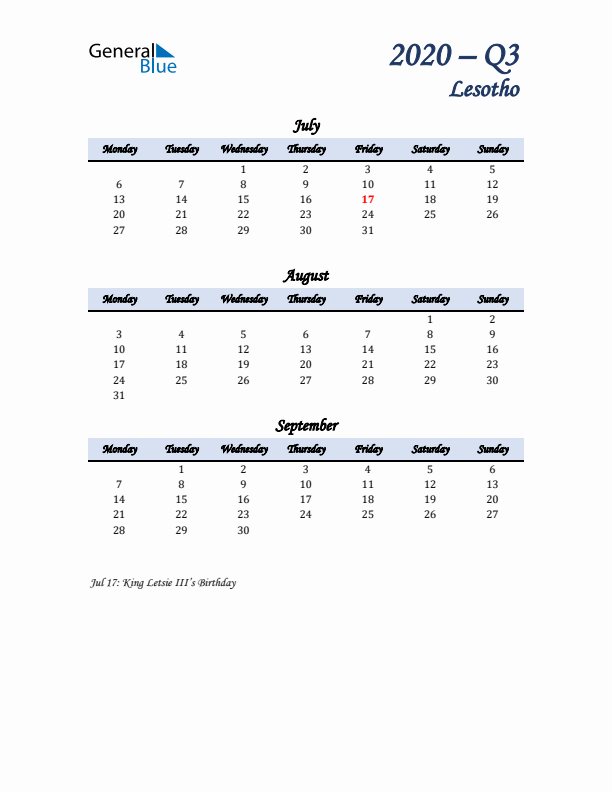 July, August, and September Calendar for Lesotho with Monday Start