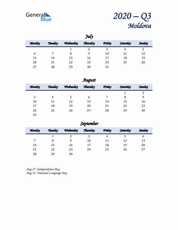 July, August, and September Calendar for Moldova with Monday Start