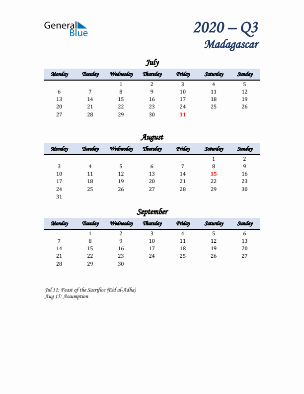 July, August, and September Calendar for Madagascar with Monday Start