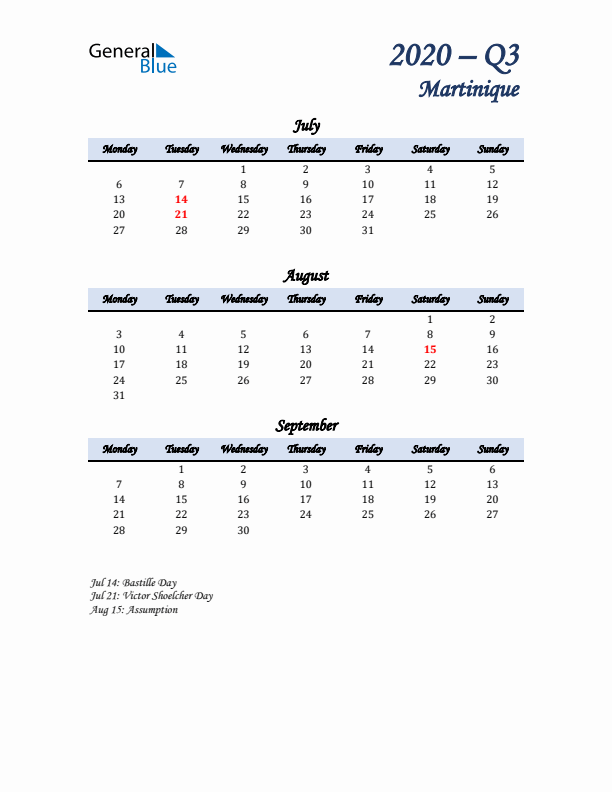 July, August, and September Calendar for Martinique with Monday Start