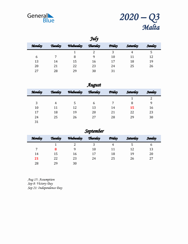 July, August, and September Calendar for Malta with Monday Start